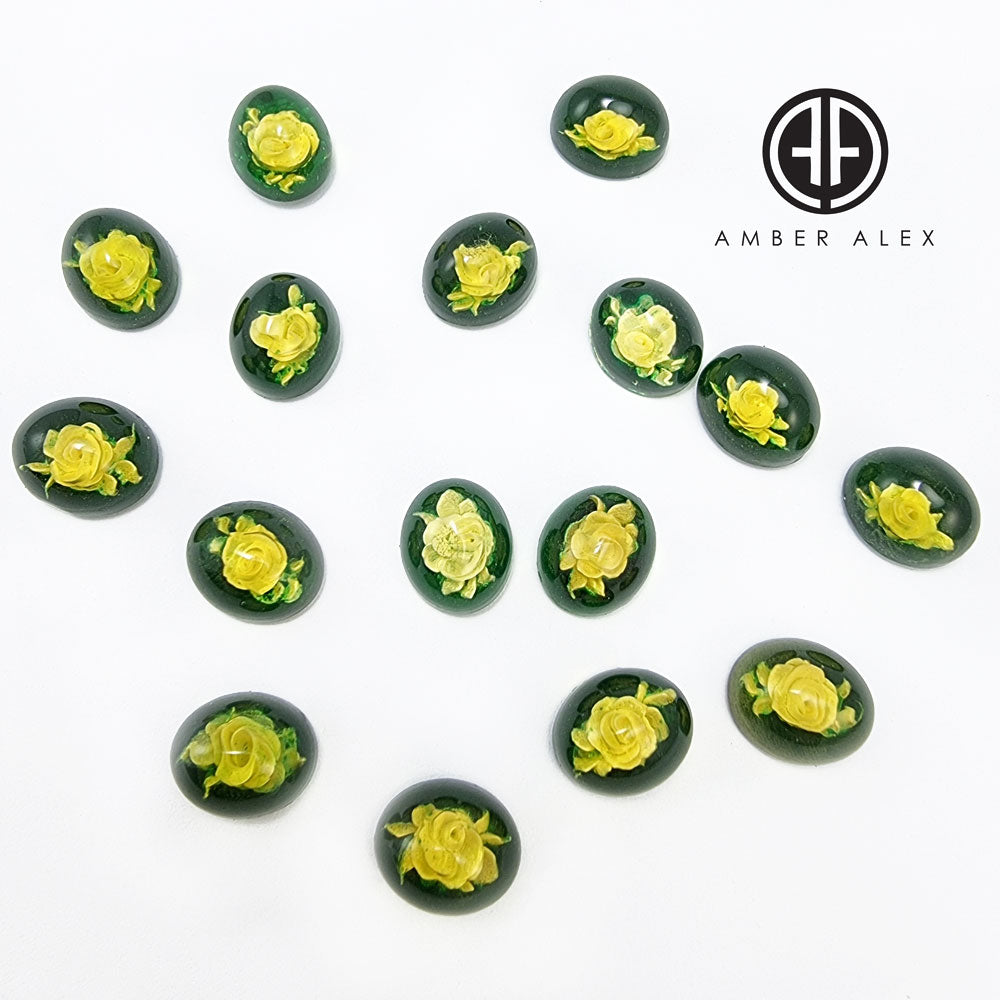 Green Amber Engraved Roses Oval Shape Cabochons