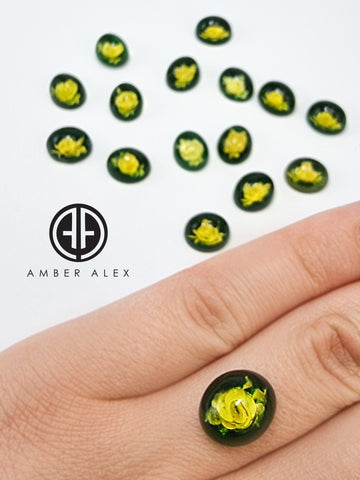 Green Amber Engraved Roses Oval Shape Cabochons