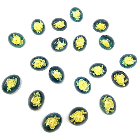 Blue Amber Engraved Roses Oval Shape Cabochons