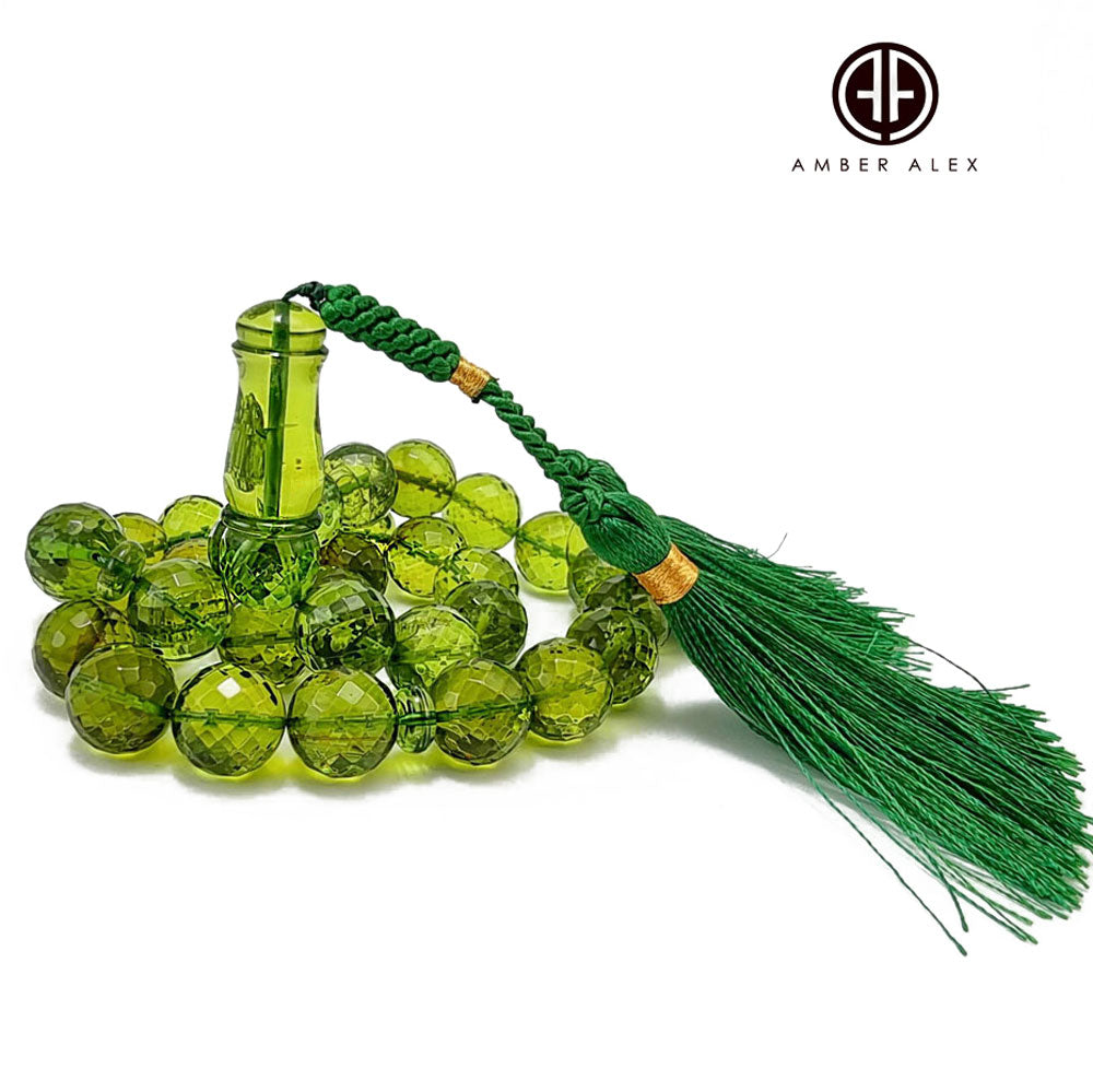 Green Amber Faceted Round Shape Beads 13 mm Islamic Prayer Beads