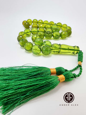 Green Amber Faceted Round Shape Beads 13 mm Islamic Prayer Beads