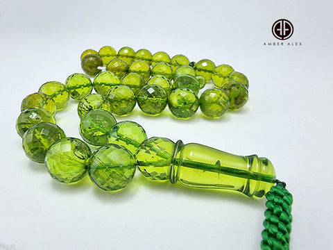 Green Amber Faceted Round Shape Beads 13 mm Islamic Prayer Beads