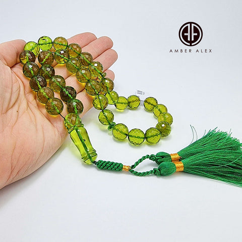 Green Amber Faceted Round Shape Beads 13 mm Islamic Prayer Beads