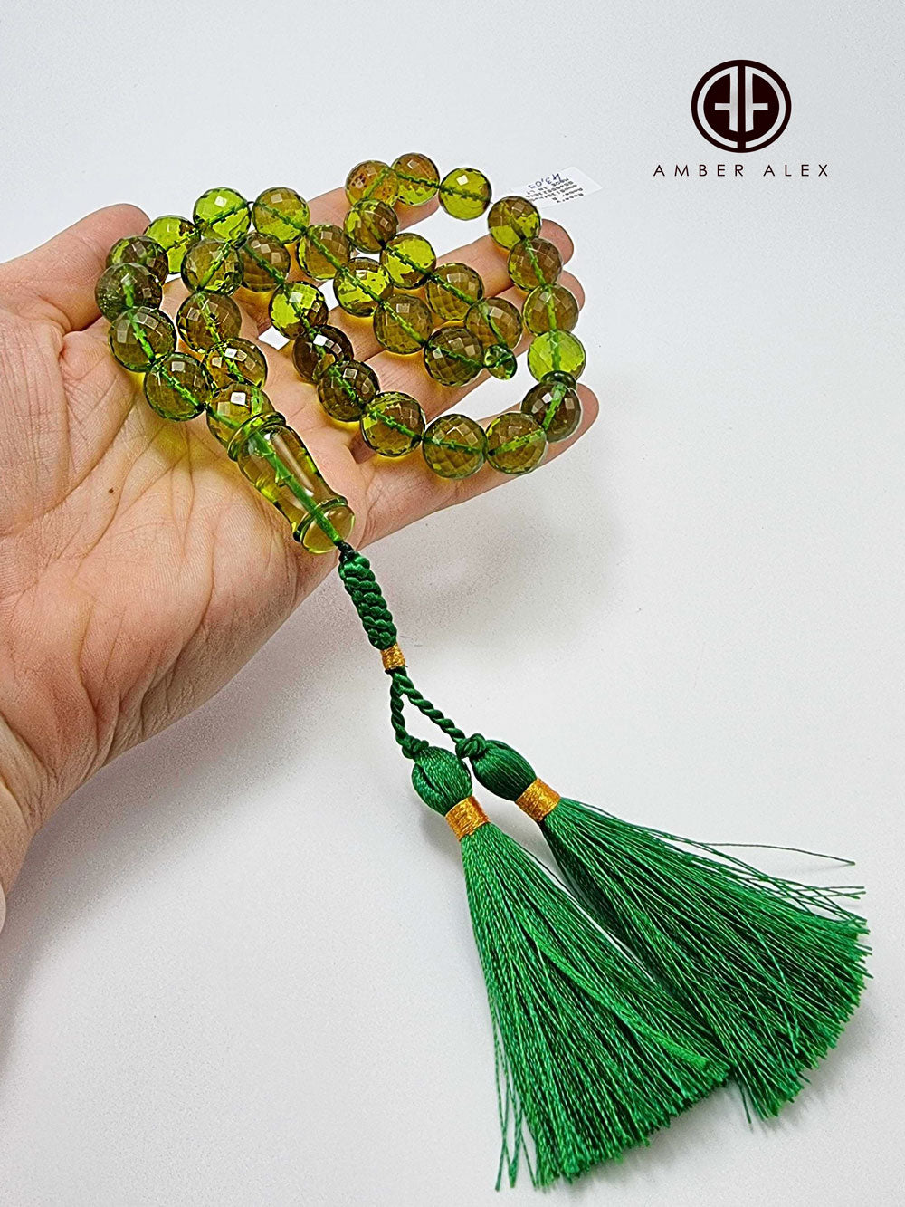 Green Amber Faceted Round Shape Beads 13 mm Islamic Prayer Beads