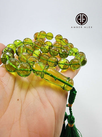 Green Amber Faceted Round Shape Beads 13 mm Islamic Prayer Beads