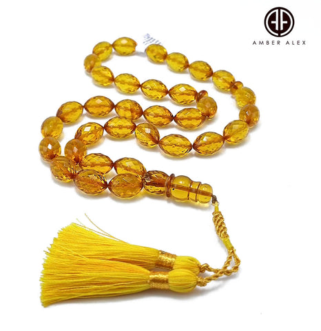 Cognac Amber Faceted Olive Shape 10 mm Islamic Prayer Beads