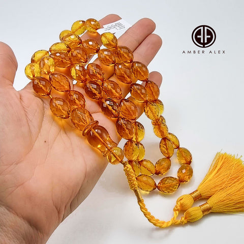 Cognac Amber Faceted Olive Shape 11 mm Islamic Prayer Beads