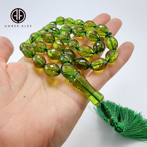 Green Amber Faceted Olive Shape Beads 11 mm Islamic Prayer Beads