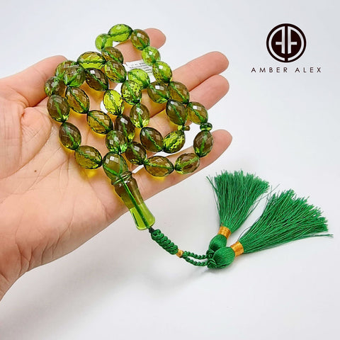 Green Amber Faceted Olive Shape Beads 11 mm Islamic Prayer Beads