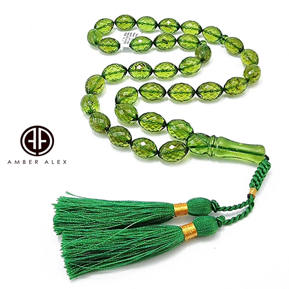 Green Amber Faceted Olive Shape Beads 11 mm Islamic Prayer Beads
