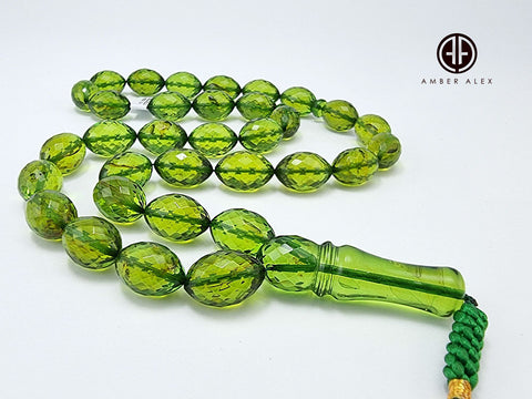 Green Amber Faceted Olive Shape Beads 11 mm Islamic Prayer Beads