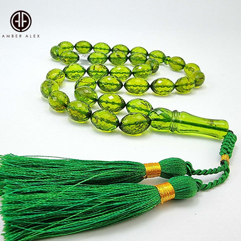 Green Amber Faceted Olive Shape Beads 11 mm Islamic Prayer Beads