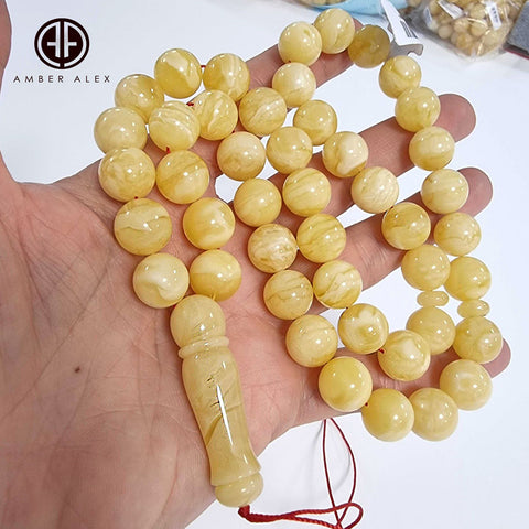 Yellow With White Amber Round Shape 12 mm Islamic Prayer