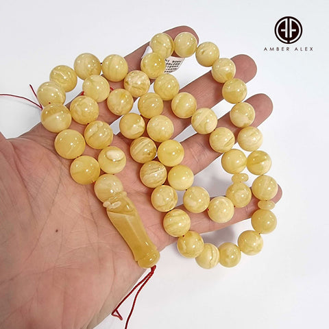 Yellow With White Amber Round Shape 12 mm Islamic Prayer