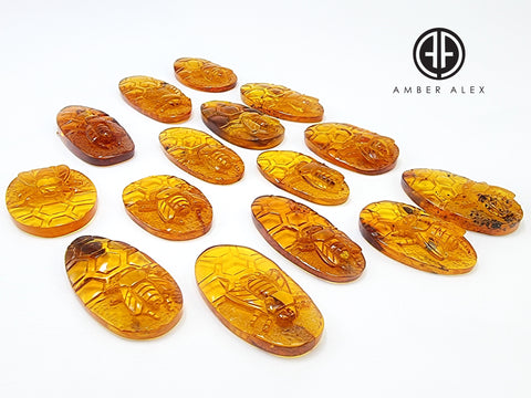 Cognac Amber Carved Bee On Honeycomb Cognac Cabochon