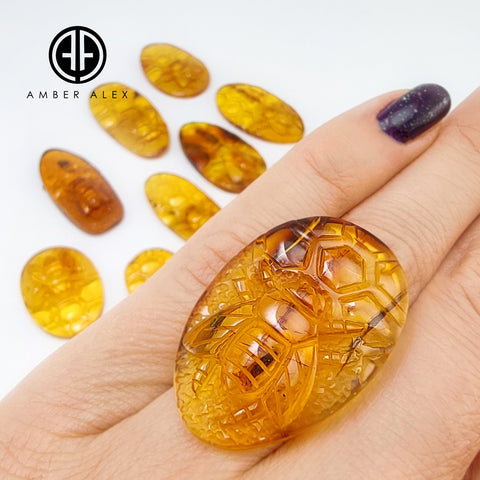 Cognac Amber Carved Bee On Honeycomb Cognac Cabochon