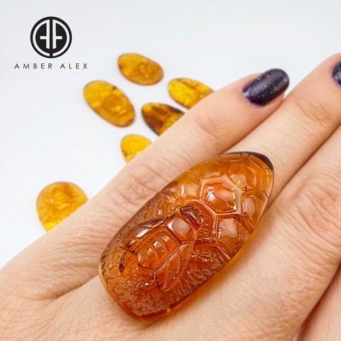 Cognac Amber Carved Bee On Honeycomb Cognac Cabochon