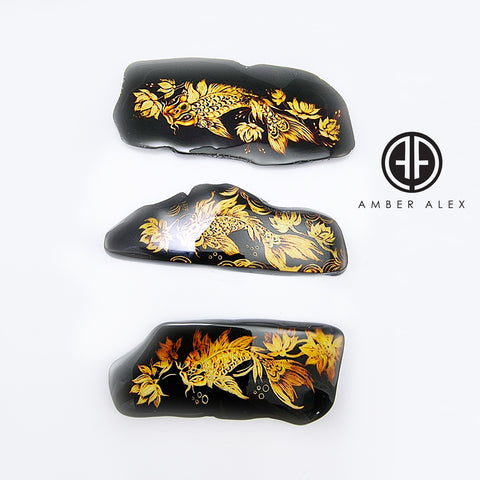 Cherry Amber Engraved Koi Fish Free Shape Slab