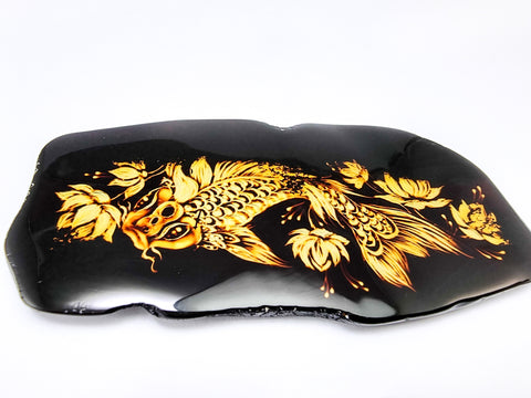 Cherry Amber Engraved Koi Fish Free Shape Slab