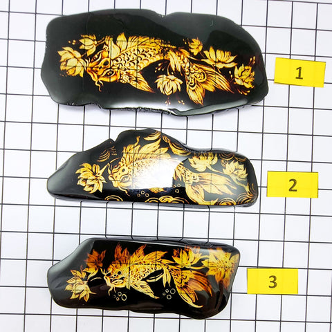 Cherry Amber Engraved Koi Fish Free Shape Slab