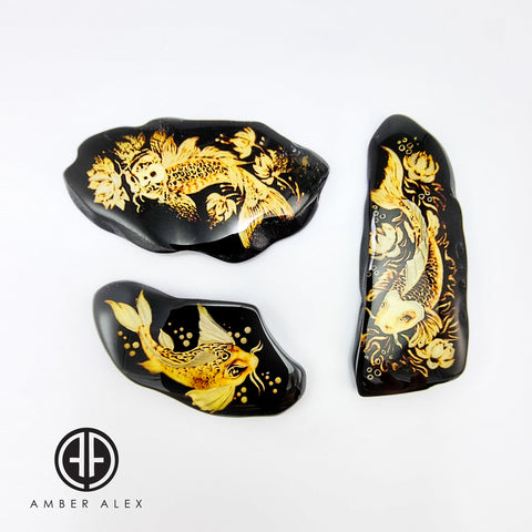 Cherry Amber Engraved Koi Fish Free Shape Slab