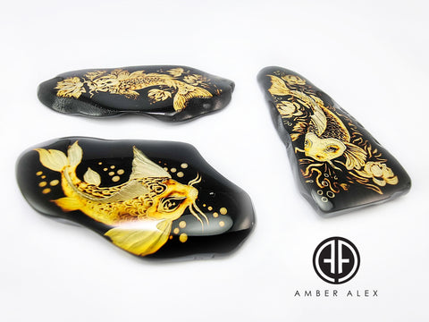 Cherry Amber Engraved Koi Fish Free Shape Slab