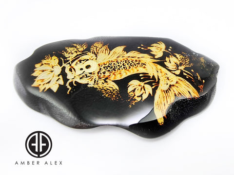 Cherry Amber Engraved Koi Fish Free Shape Slab