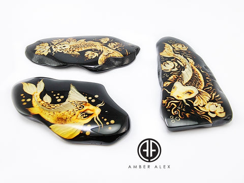 Cherry Amber Engraved Koi Fish Free Shape Slab