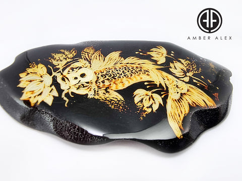 Cherry Amber Engraved Koi Fish Free Shape Slab