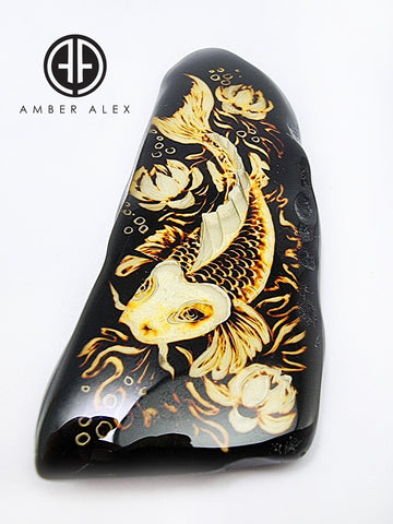 Cherry Amber Engraved Koi Fish Free Shape Slab