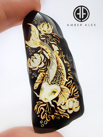 Cherry Amber Engraved Koi Fish Free Shape Slab