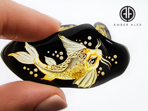 Cherry Amber Engraved Koi Fish Free Shape Slab