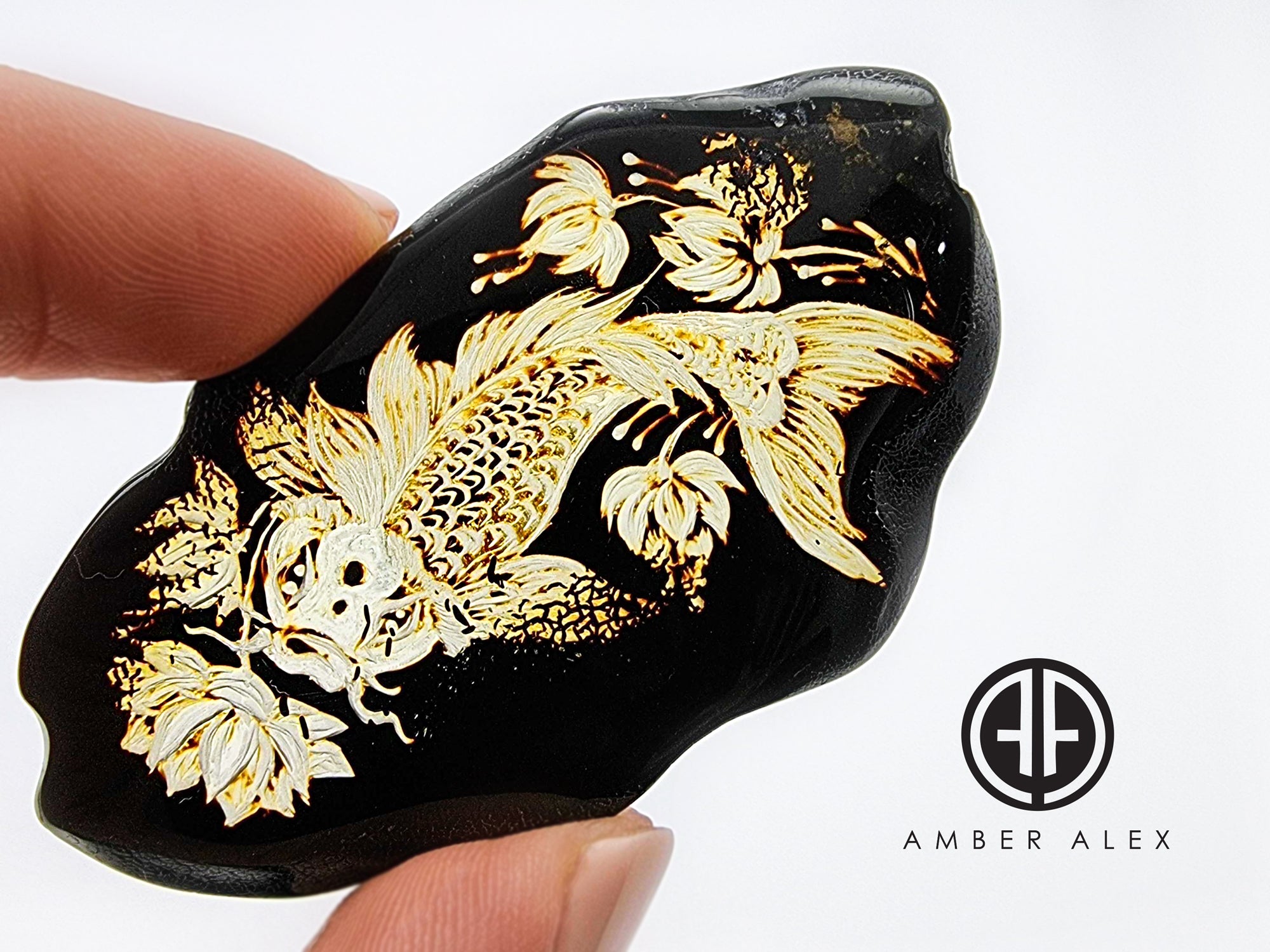 Cherry Amber Engraved Koi Fish Free Shape Slab – Amber Alex Jewelry