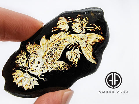 Cherry Amber Engraved Koi Fish Free Shape Slab