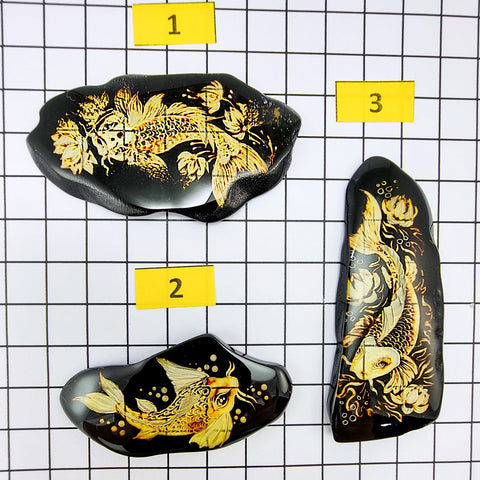 Cherry Amber Engraved Koi Fish Free Shape Slab