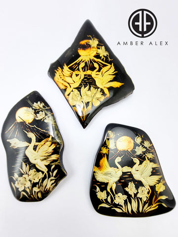 Cherry Amber Engraved Red Crowned Crane Free Shape Slab