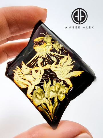 Cherry Amber Engraved Red Crowned Crane Free Shape Slab