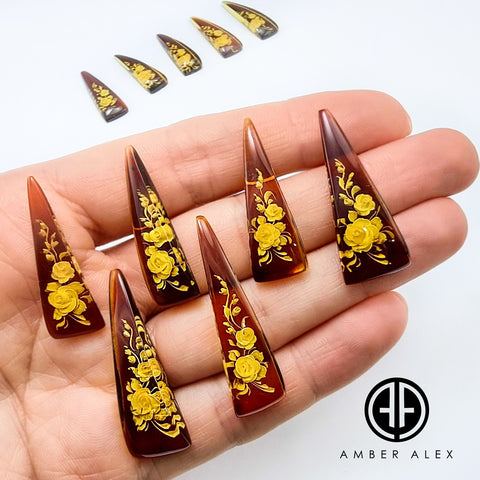 Cognac Amber Engraved Roses Triangle Shape Cabochon