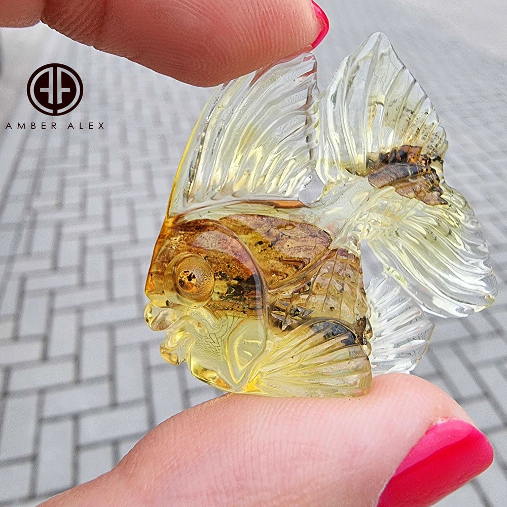 Fossil Amber Carved Fish Figurine