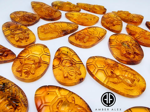 Cognac Amber Carved Bee On Honeycomb Cognac Cabochon