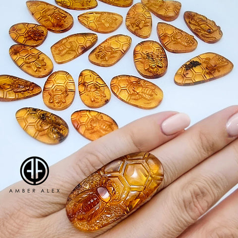 Cognac Amber Carved Bee On Honeycomb Cognac Cabochon