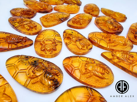 Cognac Amber Carved Bee On Honeycomb Cognac Cabochon