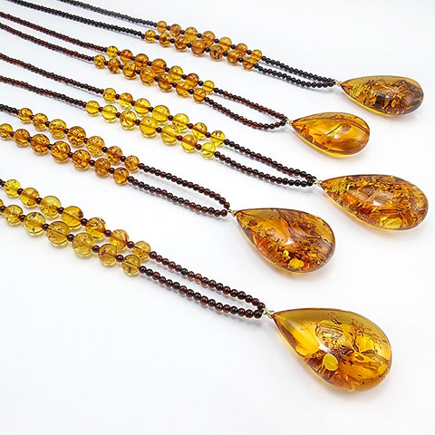 Cognac Amber Drop Pendant Beaded Necklace