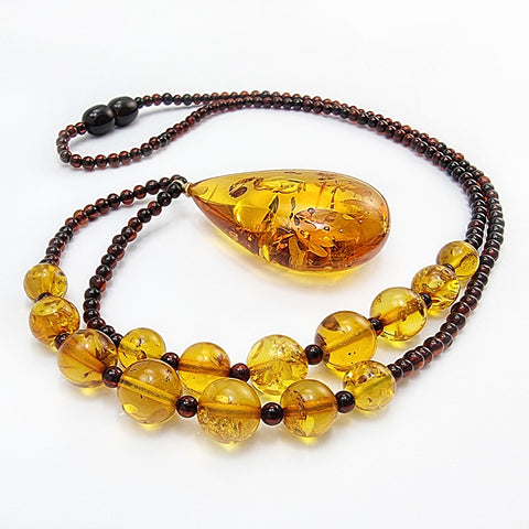 Cognac Amber Drop Pendant Beaded Necklace