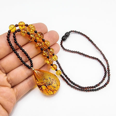 Cognac Amber Drop Pendant Beaded Necklace