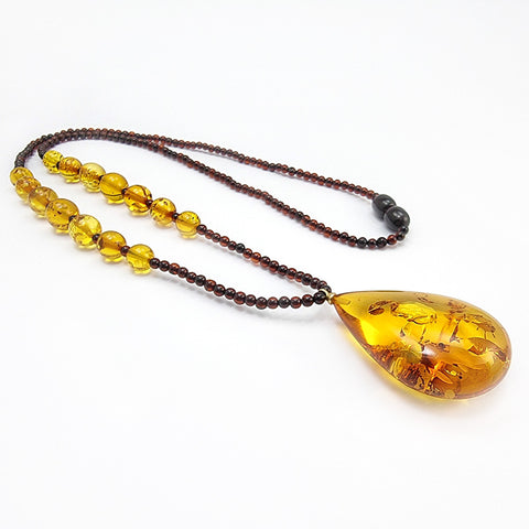 Cognac Amber Drop Pendant Beaded Necklace