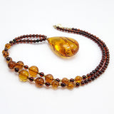 Cognac Amber Drop Pendant Beaded Necklace