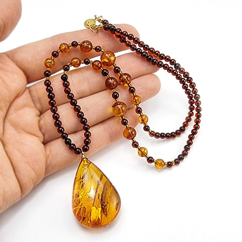 Cognac Amber Drop Pendant Beaded Necklace