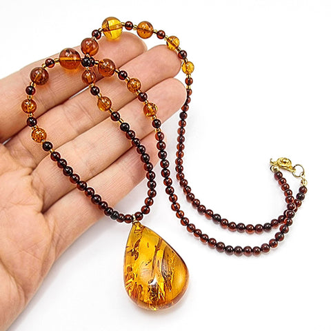 Cognac Amber Drop Pendant Beaded Necklace