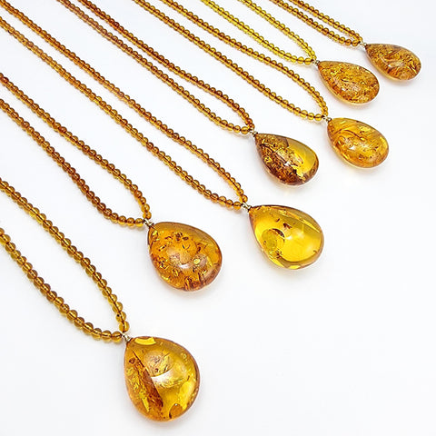 Cognac Amber Drop Pendant Beaded Necklace